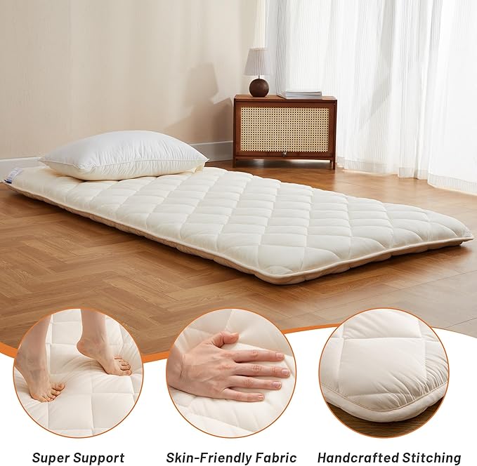 Japanese Floor Futon Mattress, Tatami Mat Sleeping Pad, Shikibuton, Mattresses Topper, Boys Girls Roll Up Dormitory Mattress, Foldable & Portable Floor Lounger Bed, Guest Bed (Cream, Full)