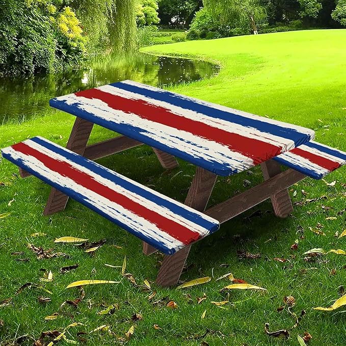 CAPSCEOLL Fitted Picnic Table Cover with Bench Covers with Elastic 8Ft Waterproof Camping Picnic Table Cover Cloths for Outdoors Camping Tablecloth with Drawstring Bag, 96X30in, Red Blue