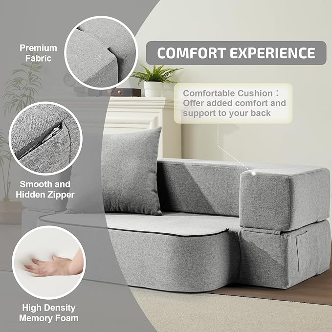 2-in-1 Folding Sofa Bed with Pillow - Folding Chair Floor Couch & Sleeping Mattress - Washable Cover & Memory Foam Sleeper Chair for Living Room/Guest Room/Apartment/Loft, Light Gray