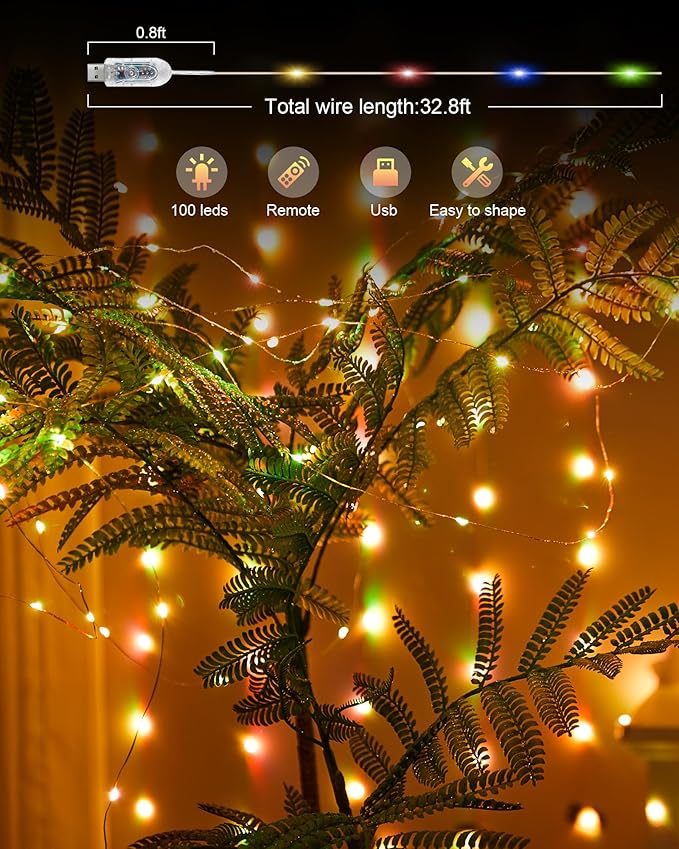 Fairy Lights 32.8 ft USB Powered RGB String Lights with Remote & APP Control, 8 Modes, Waterproof Copper Wire LED Twinkle Lights, Timer Function, Ideal for Christmas, Weddings, and Parties
