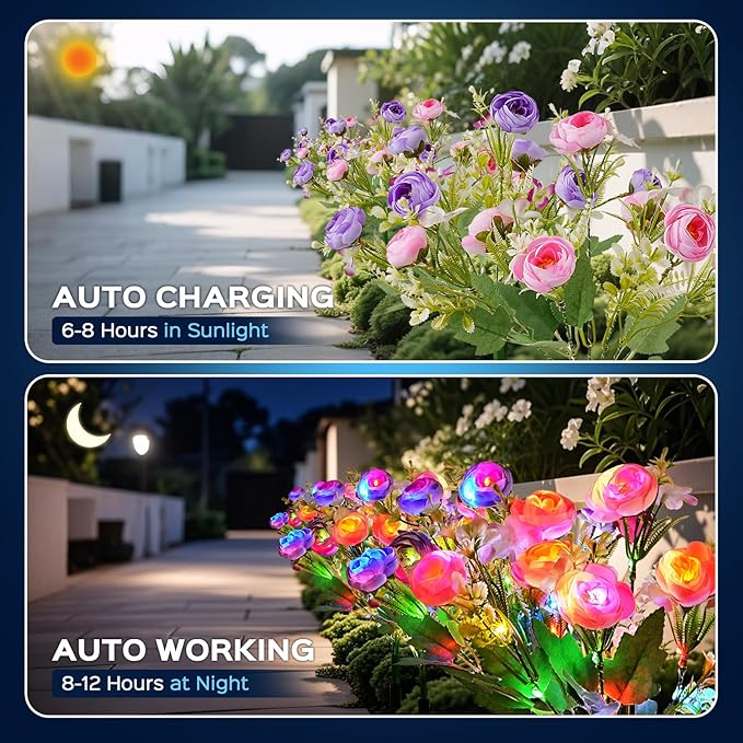 4 Pack Solar Garden Lights Outdoor, LED Colorful Waterproof Solar Powered Hydrangea Flowers Landscape Lights for Patio, Outside Yard, Pathway Decorative, Décor, Two Lightning Modes