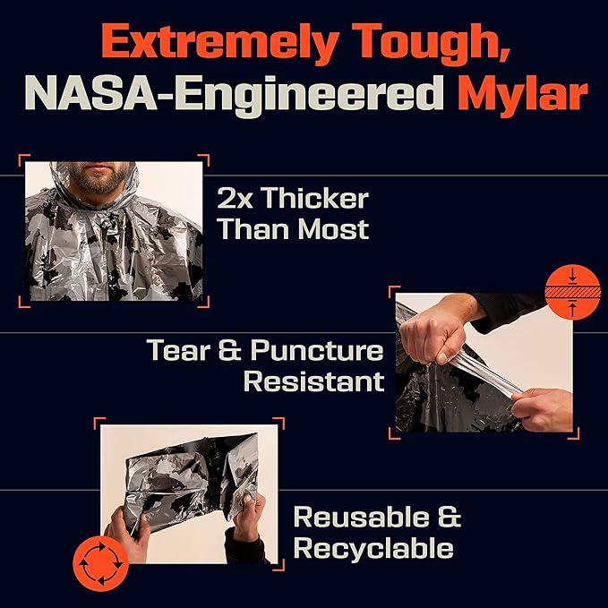 PREPARED4X Emergency Poncho and Mylar Blanket Liner - Waterproof, Wind-Resistant Outdoor Rain Poncho for Camping, Emergencies