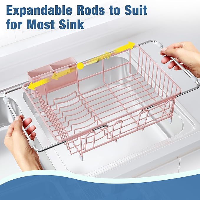 Dish Drying Rack in Sink, Pink Dish Dryer Racks Over Sink, Dishes Drainers for Kitchen Sink, Stainless Steel Plates Drying Rack with Utensil Holder & Cups Holder