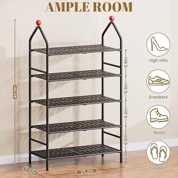 Shoe Rack, 5-Tier Shoe Organizer, Metal Storage Shelf, Shoe Rack for Closet, Free Standing Shoe Racks for Entryway, Garage & Doorway, Sturdy Shoe Shelves, Black