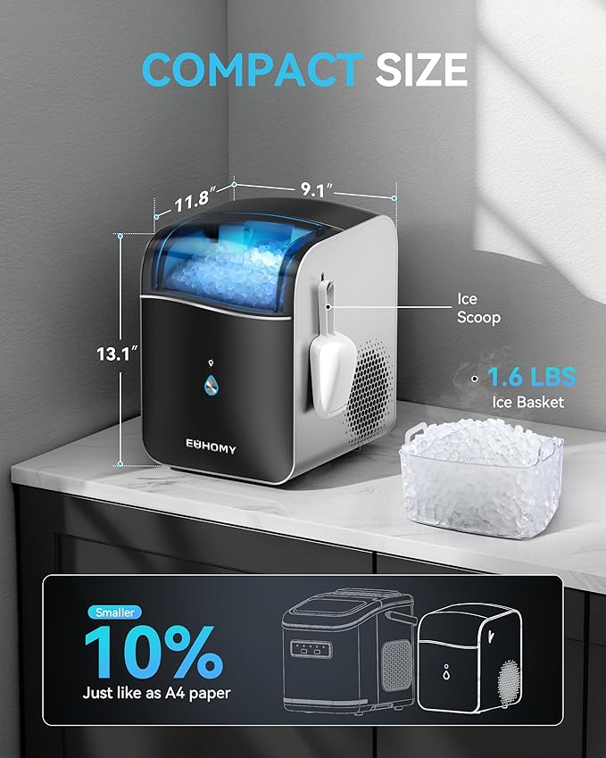 EUHOMY Smart Nugget Ice Maker Countertop, Portable Sonic Ice Maker with APP Control, 40lbs/24H, Ready in 8 Mins, Self-Cleaning, Pebble Ice Machine with Hanging Ice Scoop for Home/Kitchen/Office