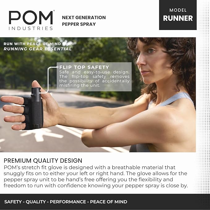 POM Pepper Spray Runner Model - Max Strength OC Spray - Athletic Stretch-Fit Glove, Breathable & Ambidextrous Design, Essential Runners Safety Gear, Flip Top, 35+ Bursts, 10-12 ft Range