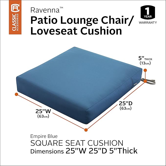 Classic Accessories Ravenna Water-Resistant 25 x 25 x 5 Inch Square Patio Seat Cushion Slip Cover & Foam, Empire Blue, Lounge Chair Cushion