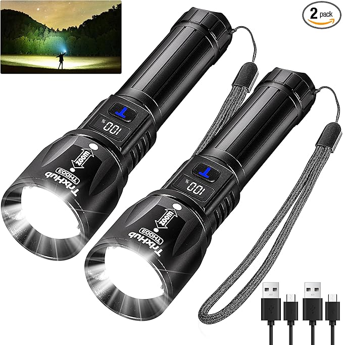 Rechargeable Flashlights 2 Pack, 9000LM Super Bright Flashlight High Lumens with LCD Digital Display, 5 Adjustable Mode Powerful Tactical Flashlight, Waterproof Flashlights for Home Camping Essentials