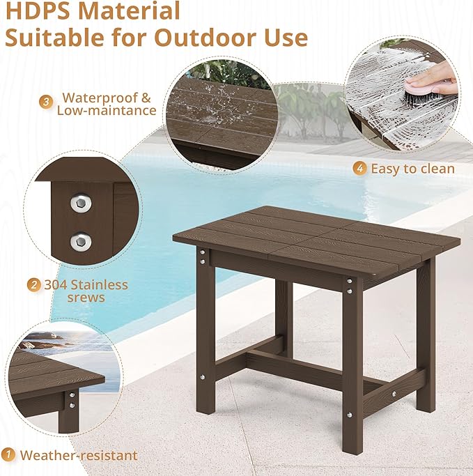 LUE BONA HDPS Large Size Outdoor Side Table, Outside End Table for Patio, Porch, Beach, Garden, Weather Resistant/Easy Maintenance/Indoor or Outdoor Use,Dark Brown
