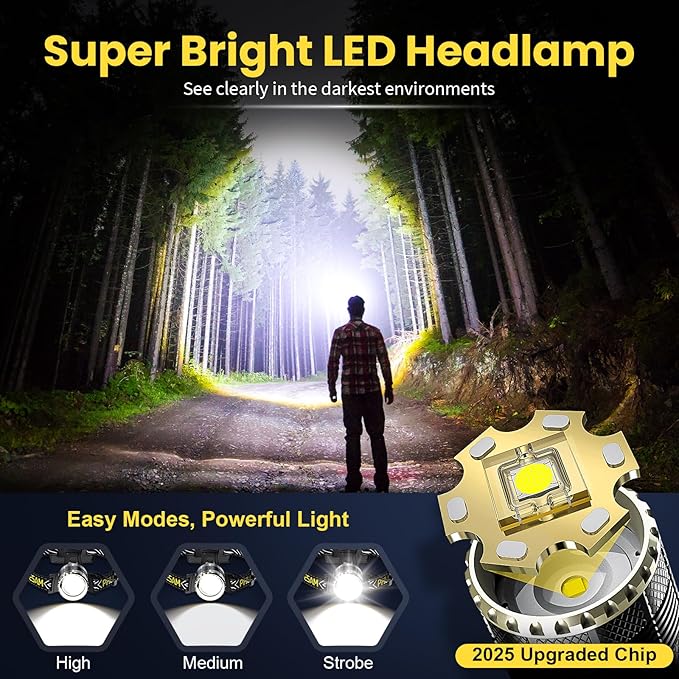 LED Rechargeable Headlamp high Lumen with Motion Sensor, Zoomable Bright Headlamp for Adults, IP68 Waterproof, 115° Adjustable Head Lights for Forehead, High Power for Camping, Hiking, Hard Hat