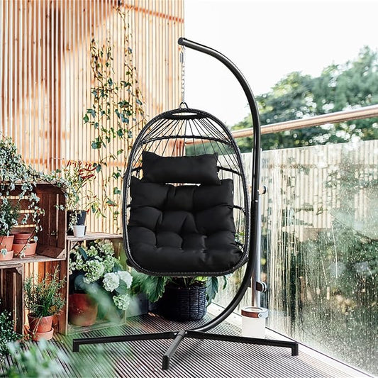 PRIVATE GARDEN Indoor Outdoor Patio Hanging Egg Chair Wicker Swing Hammock Chairs UV Resistant Cushion Folding Aluminum Frame 330lbs Capacity for Patio Bedroom Balcony (Black)