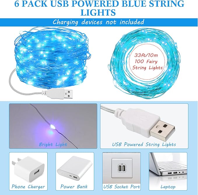 Macarrie 6 Pcs USB String Lights 33 ft 100 LED Fairy Lights Powered String for Christmas Indoor Outdoor Wedding Party Tree Home Festival Garden Decoration (Blue)