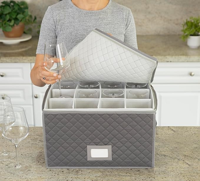 Stemware Storage Case - Holds 12 Wine Glasses or Crystal Glassware with Label Holders and Fully Padded Inside - 16" x 13" x 10"H - Gray - Hard Sides and Stackable