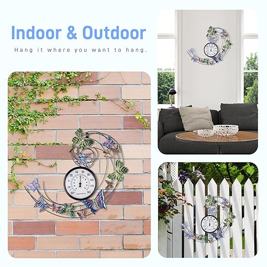 Butterfly Outdoor Thermometer, Metal Outdoor Wall Thermometer No Need Battery, Indoor Outdoor Thermometer Large Wall Art Decor for Patio, Garden, Living Room