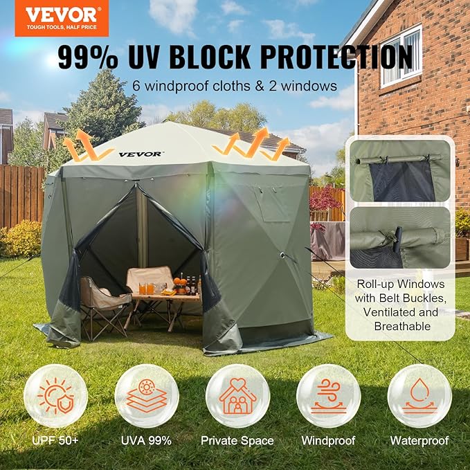 VEVOR Pop Up Gazebo Screen Tent 6 Sided Canopy Sun Shelter with 6 Removable Privacy Wind Cloths & Mesh Windows, 10x10FT Quick Set Screen Tent with Mosquito Netting, Army Green