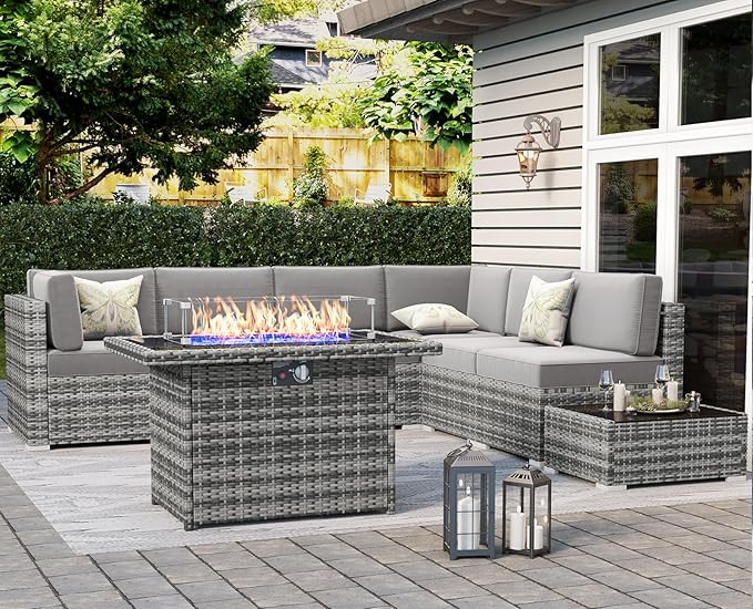 LayinSun 8 Piece Patio Furniture Set with 44" Propane Gas Fire Pit Table, Outdoor Sectional Conversation Set Wicker Rattan Sofa Set with Coffee Table