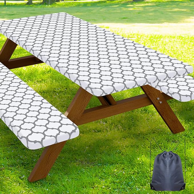 Smiry Picnic Table Cover with Bench Covers, Waterproof Elastic Fitted Tablecloth for 8 Foot Tables, Washable Polyester Tablecloths for Camping, Indoor & Outdoor (White Morocco, 30x96 Inch 3-pc Set)