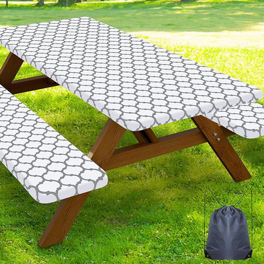 Smiry Picnic Table Cover with Bench Covers, Waterproof Elastic Fitted Tablecloth for 8 Foot Tables, Washable Polyester Tablecloths for Camping, Indoor & Outdoor (White Morocco, 30x96 Inch 3-pc Set)