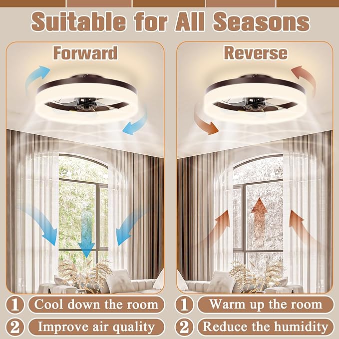 VOLISUN Low Profile Ceiling Fans with Lights and Remote,15.7in Modern Ceiling Fan Flush Mount, 3000K-6500K Dimmable Bladeless LED Fan Light,Brown Fandelier Ceiling Fans with Lights for Bedroom