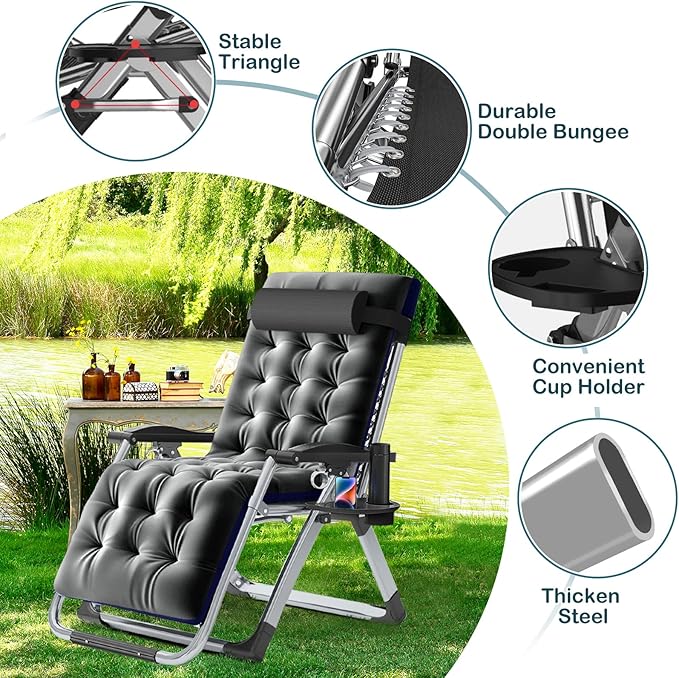 NAIZEA Padded Zero Gravity Chair, Folding Outdoor Lounge Chairs, Adjustable Reclining Camping Chairs with Cup Holder, Ergonomic Patio Lawn Chair for Balcony Beach Deck Yard