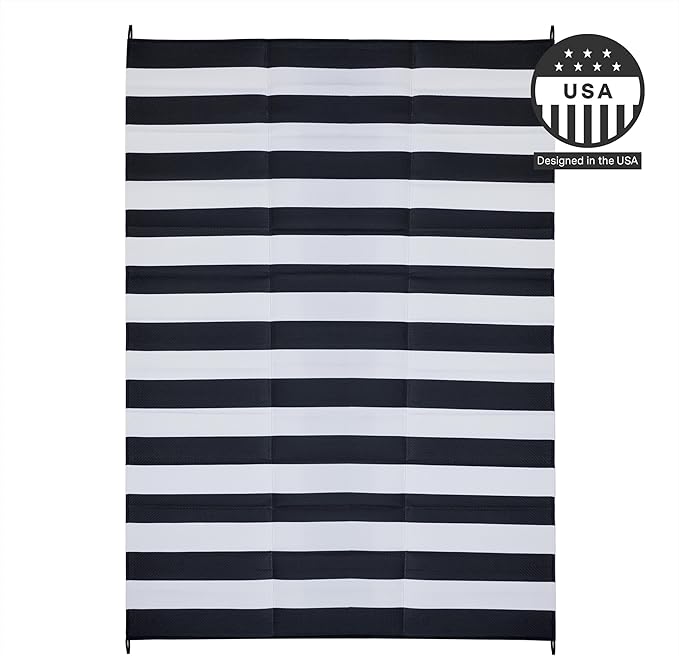 FH Home Outdoor Camping Rug - Waterproof, Fade Resistant, Reversible - Premium Recycled Plastic - Striped - Large Patio, Deck, Sunroom, RV - Brittany Stripe - Black & White - 9 x 18 ft Foldable