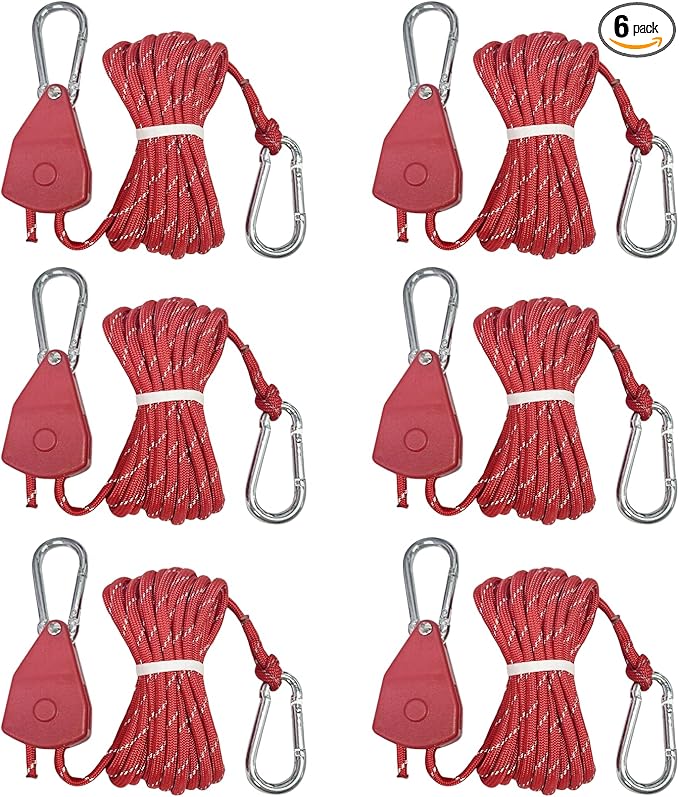 13ft Adjustable Outdoor Windproof Rope Ratchet Strap Tie Down Straps Small Mini Reflctive Paracord Rope Tent Hanger Grow Light Kayak 5/32" Red 6 Pack