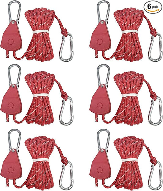 13ft Adjustable Outdoor Windproof Rope Ratchet Strap Tie Down Straps Small Mini Reflctive Paracord Rope Tent Hanger Grow Light Kayak 5/32" Red 6 Pack
