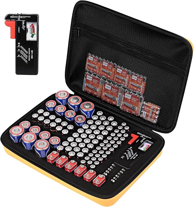 Battery Organizer Storage Case with Tester for AA AAA C D 9V Battery Holder 7 Batteries Variety Pack 111 Batteries Mesh Bag (Batteries Not Included)