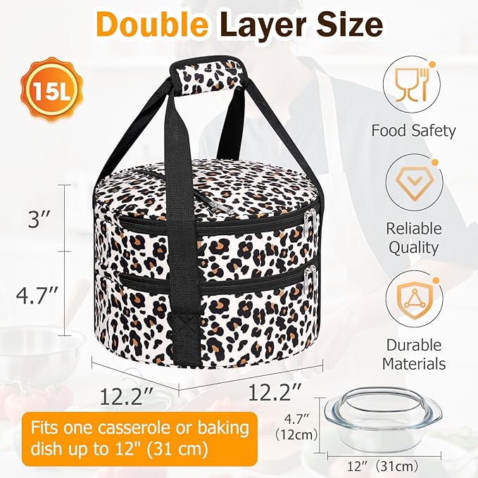 Round Double Insulated Casserole Carrier, Pie Carrier Bag, Portable Casserole Carrier for Hot or Cold Food Lunch Tote, Lunch Bag for Parties Picnic, Fits 12.5" Baking Dish, Leopard