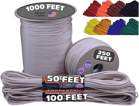 BORED? PARACORD! 550 lb Paracord - Ideal for Crafting, Camping, DIY Projects, Active & Military Outdoors - Strong Survival Rope - Tactical Parachute Cord Type III - Cream 1000 Feet