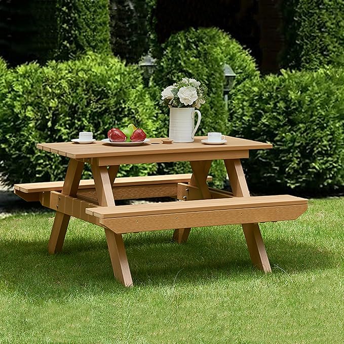 Psilvam Picnic Table - Heavy Duty Poly Lumber with Umbrella Hole & Integrated Benches, 100% Waterproof All-Weather for Patio, Garden (Teak Color)