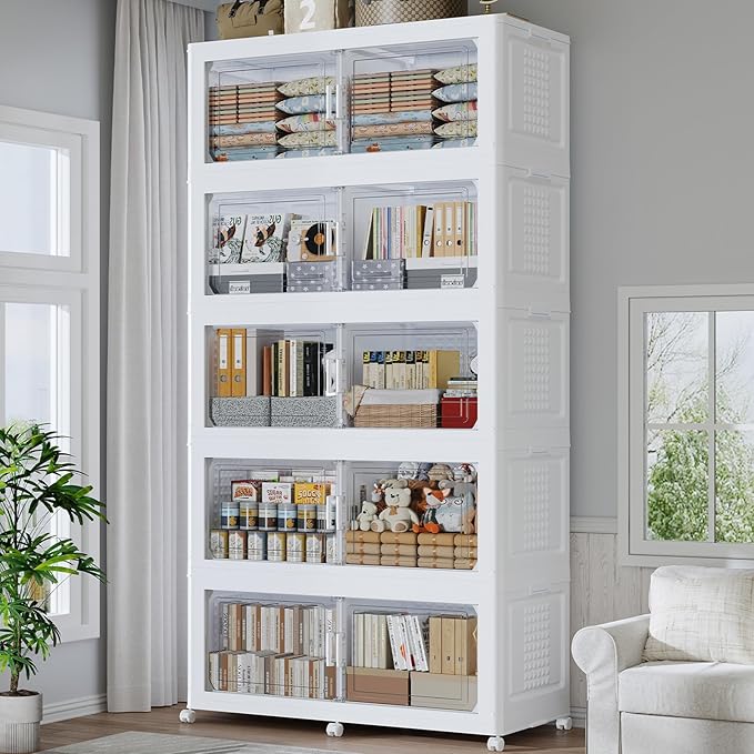 200GAL Extra Large Storage Bins with Lid, 800Qt Stackable Closet Organizers and Drawers, Collapsible Storage Bins with Wheels, Folding Storages Cabinet for Home Bedroom Office, 5Pack White