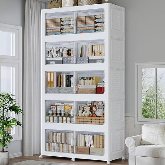 200GAL Extra Large Storage Bins with Lid, 800Qt Stackable Closet Organizers and Drawers, Collapsible Storage Bins with Wheels, Folding Storages Cabinet for Home Bedroom Office, 5Pack White