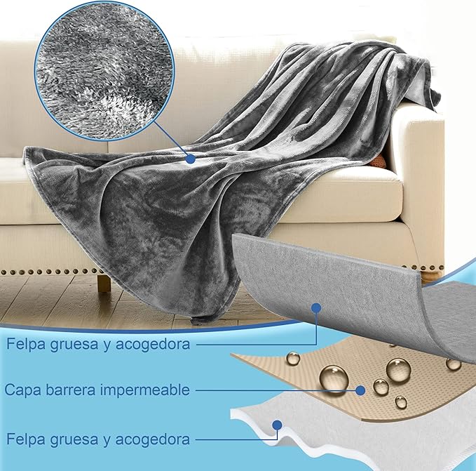 Queen Size Waterproof Blanket, Spill-Proof Cozy Flannel Splash Blanket for Bed, Stain Proof, Water Proof & Mess-Free (Moon Grey & Starlit Grey, 80x90