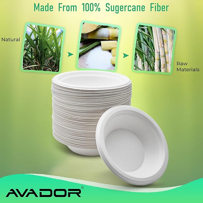 AVADOR® Compostable Tableware 100% Eco-Friendly & Biodegradable Dinnerware Eco-Conscious, Disposable, and 100% Biodegradable (12oz Bowl Pack of 200)