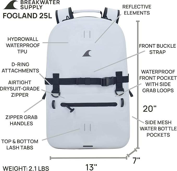 Breakwater Supply™ Waterproof IP68 Submersible Backpack with Airtight Zippers | Laptop Travel Outdoors | Fogland 25L 20L 15L