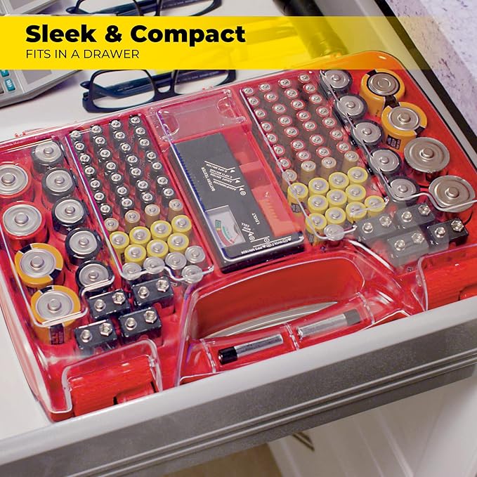 Ontel Battery Daddy Storage & Organizer Case with Tester, Stores & Protects Up to 180 Batteries, Double-Sided, Durable Design with Clear Locking Lid, Secure Latches & Portable Carrying Handle - Red