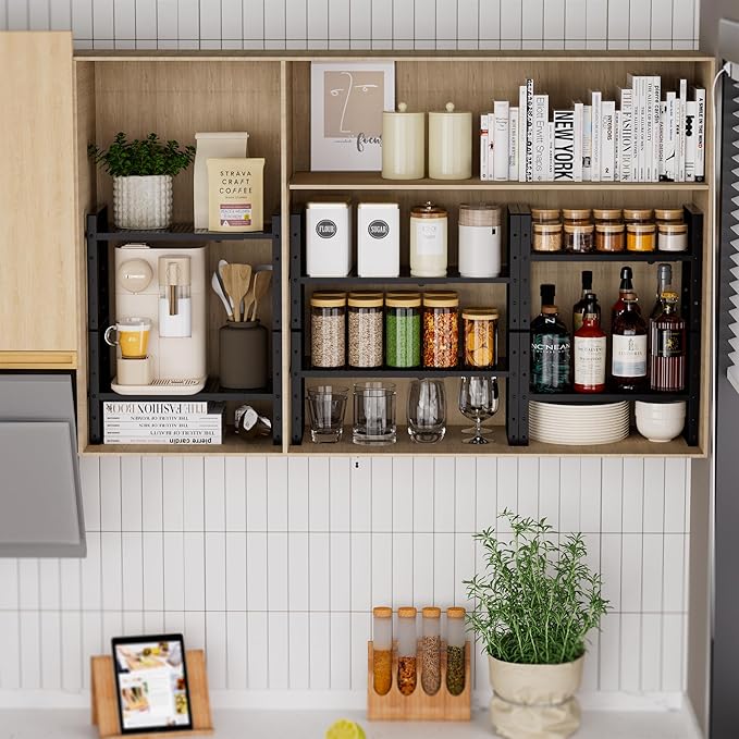 Expandable Spice Rack, Stackable Metal Pantry Storage Shelves Stand, Adjustable Height Cabinet Shelf Organizer Racks(1PACK/Black,Large)