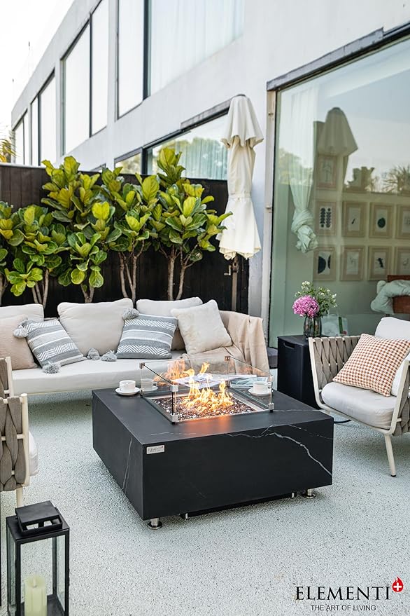 Elementi+ | Bundle Sofia Gas Fire Pit | Marble Porcelain & Metal Frame | 40" Square Fire Table | Electronic Ignition | Canvas Cover, Fire Glass & Burner Lid Included | Black | Natural Gas