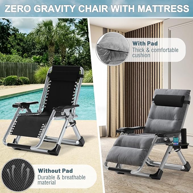 ABORON 2 Pack Zero Gravity Chair, Outdoor Lounge Chairs Sun Loungers with Removable Cushion,Headrest,Cup Holder,Reclining Patio Lounger Chair for Indoor and Outdoor