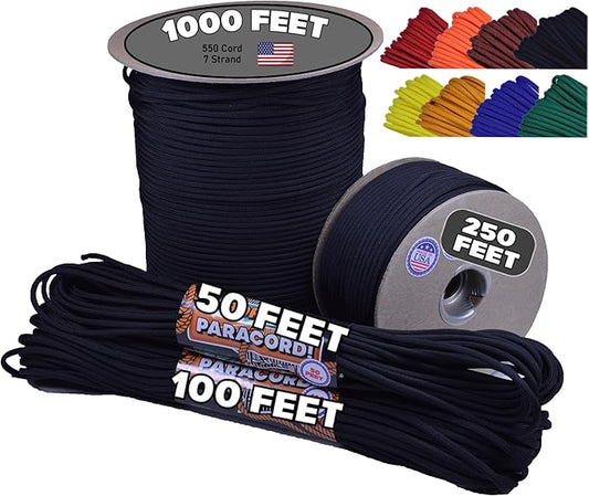 BORED? PARACORD! 550 lb Paracord - Ideal for Crafting, Camping, DIY Projects, Active & Military Outdoors - Strong Survival Rope - Tactical Parachute Cord Type III - Black 1000 Feet