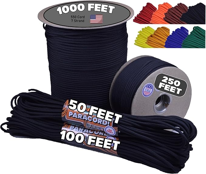 BORED? PARACORD! 550 lb Paracord - Ideal for Crafting, Camping, DIY Projects, Active & Military Outdoors - Strong Survival Rope - Tactical Parachute Cord Type III - Black 250 Feet