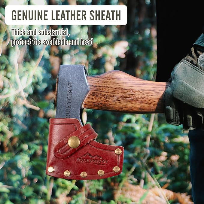ROCKYGIANT 11'' Small Axe Hatchet, Camping Axe for Limbing or Splitting Kindling and Firewood, Hand Forged, with Leather Sheath and Hickory Wood Handle, for Outdoor Garden Forest