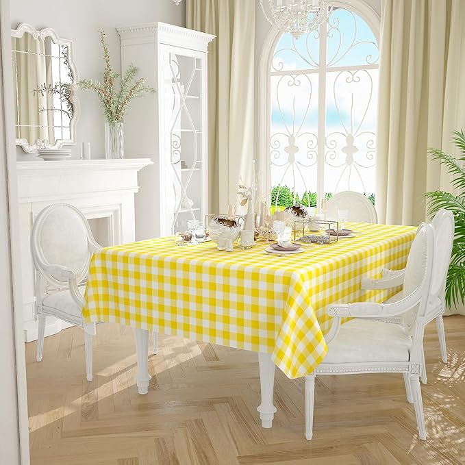 misaya Rectangle Waterproof Vinyl Table Cloth, Buffalo Flannel Backed Tablecloth, Wipeable Plastic Table Cover for Dinner, Kitchen, Outdoor (54" x 108", Yellow and White)