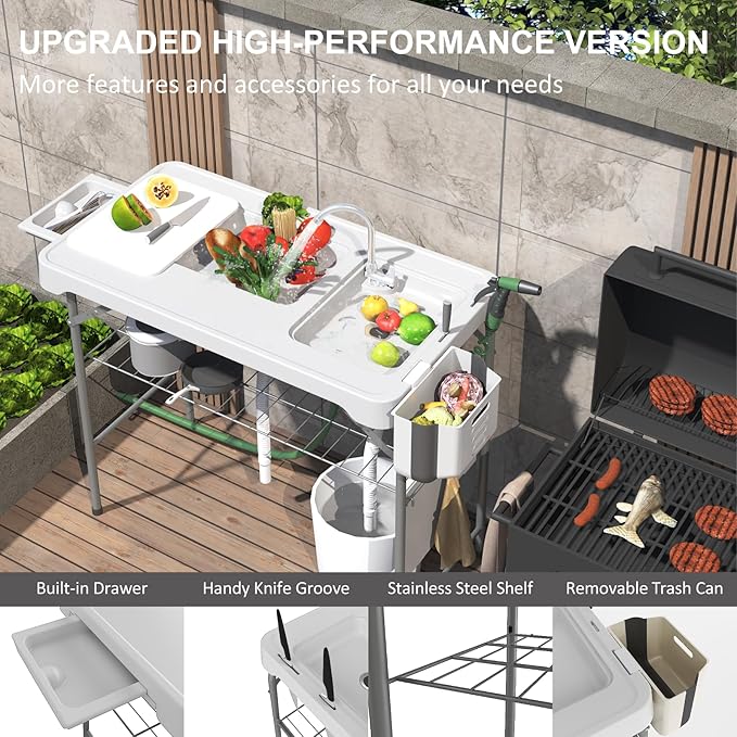 42.5" Fish Cleaning Table with Dual Sink, Portable Folding Camping Table with Faucet, Sprayer, Grid Rack, Hose Hook Up & Knife Groove, Outdoor Sink Station for Picnic Beach Patio