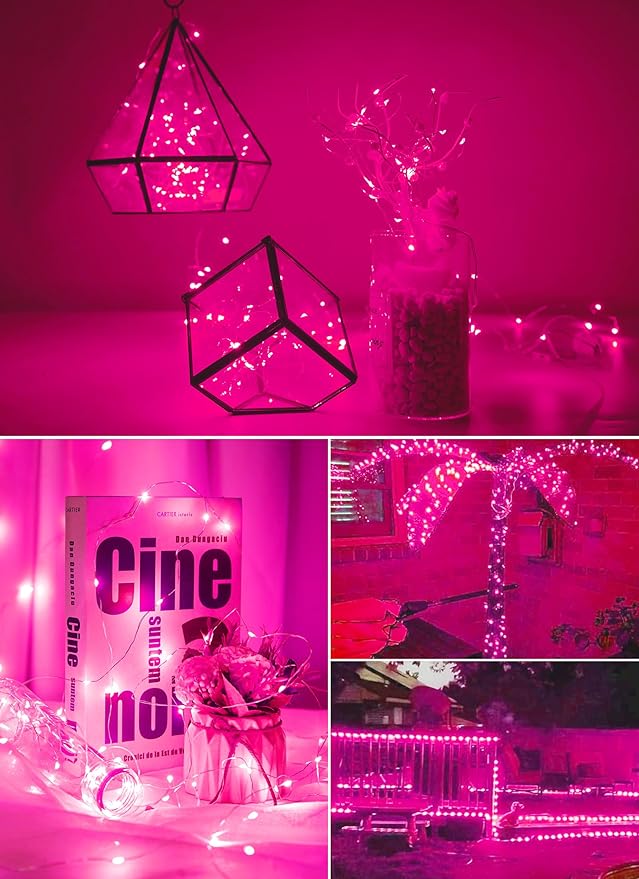Pink USB Fairy Lights Plug in, 33Feet 100 LEDs Twinkle String Lights with Remote and Timer, Waterproof 8 Modes for Valentine's Day Bedroom Indoor Wreath DIY Wedding Christmas Holiday Decoration