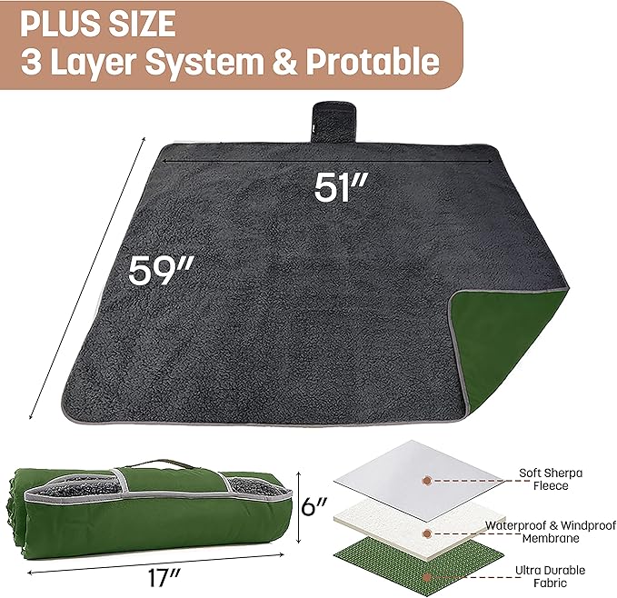 Tirrinia Waterproof Outdoor Blanket with Sherpa Lining, Windproof Triple Layers Warm Comfy Foldable for Camping Stadium, Beach, Picnic, Grass, Concerts, Car, Dog, 51''X 59'' & 59''X 80''