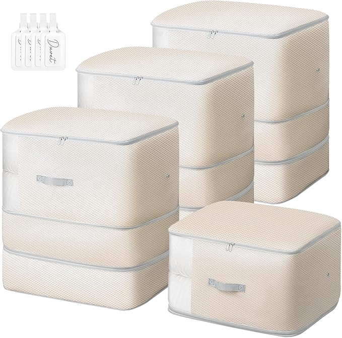 Comforter Storage Bag - 130L Large Capacity Blanket Storage Bags 3-Layer Ultra Space Saving Self Compression Organizer, Washable Compression Bags for Storage Comforter Blanket, 4-Pack, Beige
