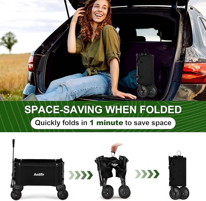 Collapsible Wagon Carts,Folding Wagon Cart with All Terrain Wheels,Heavy Duty Garden Carts with Adjustable Handle,Outdoor Utility Wagon for Camping Shopping Sports Fishing (Black)