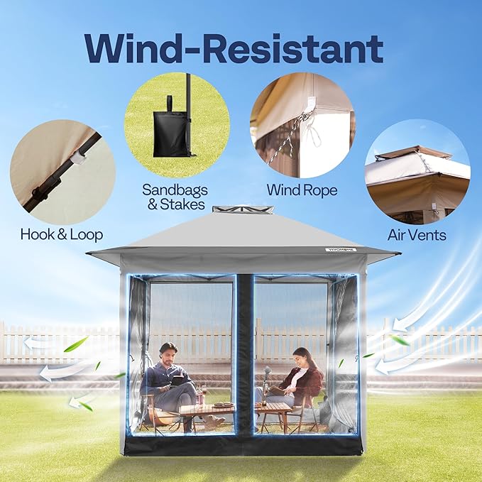 VIVOHOME Pop Up Gazebo 10x10ft Outdoor Canopy Tent with Mosquito Netting & 2 Tiers Roof for Patio Garden Backyard, Grey